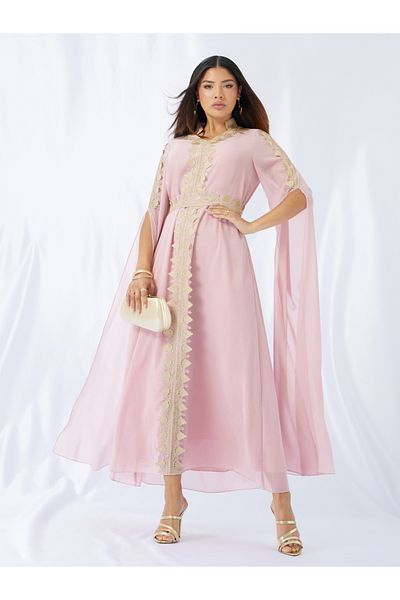 Styli Lace Detail Slit Sleeves Kaftan with Fabric Belt