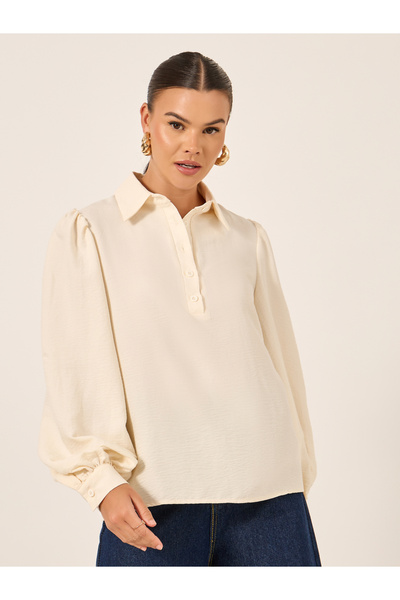 Styli Textured Balloon Sleeve Spread Collar Shirt