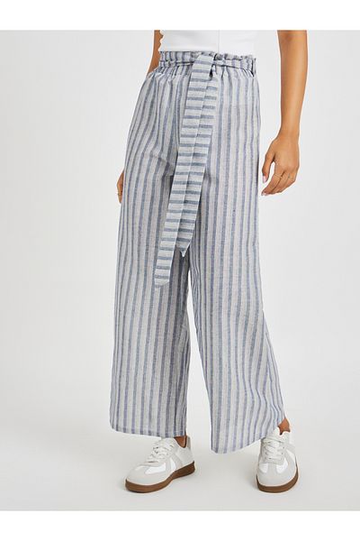 Styli Striped Paperbag Waist Pants with Belt