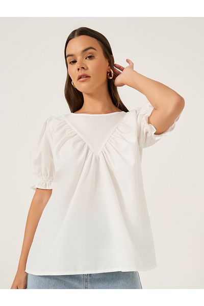 Styli Solid Puff Sleeves Top with Smocked Cuffs