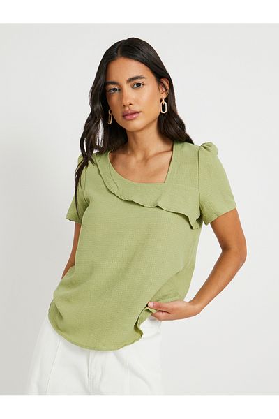 Styli Texture Asymmetric Neck Ruffled Detail Top