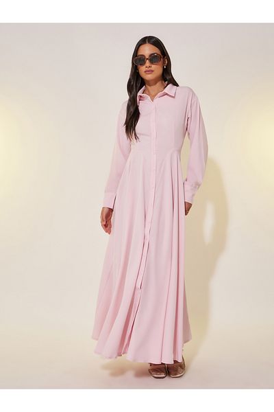 Styli Solid Long Sleeve Shirt Maxi Dress