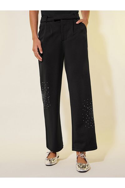 Styli Black Rhinestone Embellished Pleated Wide Leg Pants