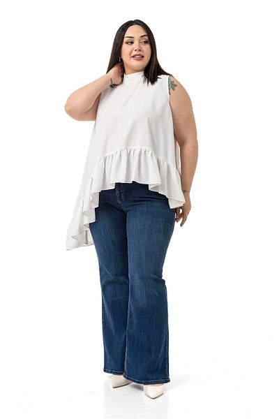 DISENTIS MODEST Large Size Asymmetrical Cut Skirt Ruffled Half Standing Collar White Blouse