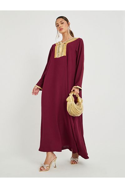 Styli Mirror Work Lace Detail V Neck Jalabiya