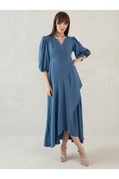 Femmella By Styli Solid V-Neck Balloon Sleeve Wrap Ruffle Maxi Dress