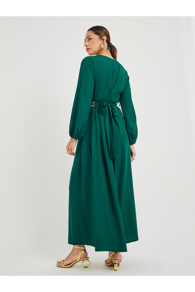 Styli Embellished Balloon Sleeve V Neck Belted Kaftan