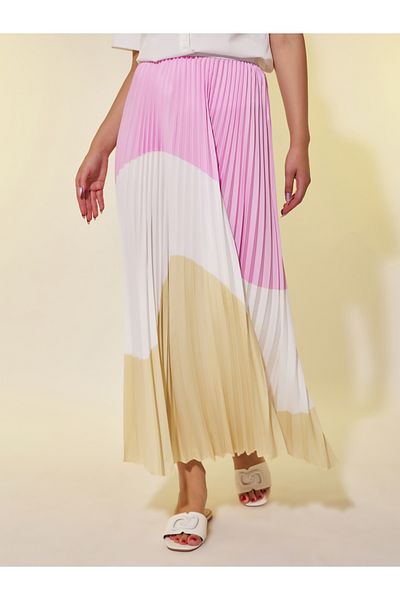 Styli Color Block Pleated A-Line Midi Skirt