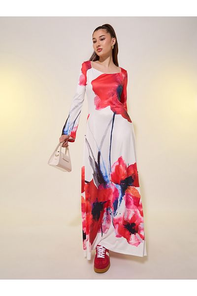Styli Floral Print Long Sleeves A-Line Maxi Dress