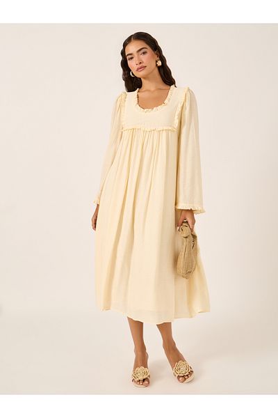 Styli Plain Ruffle Trim Long Sleeves Shift Midi Dress