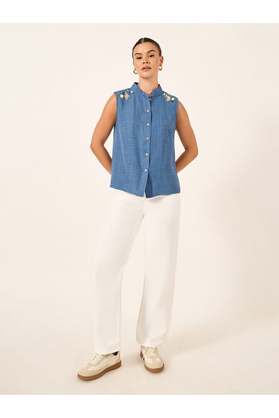 Styli Embroidered Mandarin Collar Sleeveless Blouse