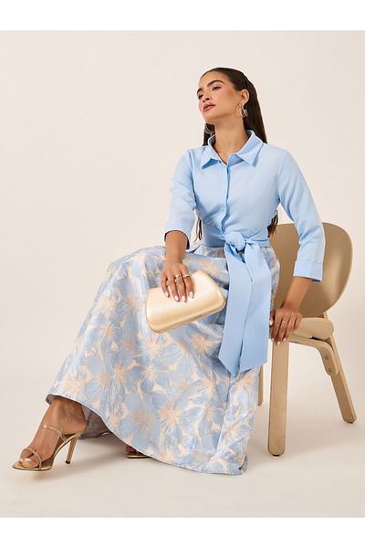 Styli Floral Print 3/4 Sleeves A-Line Maxi Dress with Tie Detail