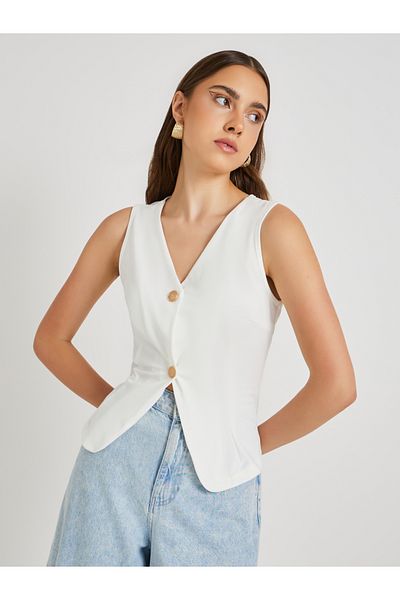 Styli Solid Sleeveless Vest with Button Detail