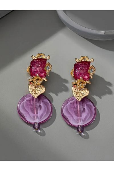 Accessories Vanilla Avenue Purple Golden Yellow Leaves Geometric Resin Embroidered Dangle Earrings for Women