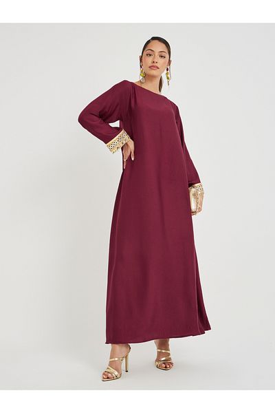 Styli Lace Trim Boat Neck A-Line Jalabyia