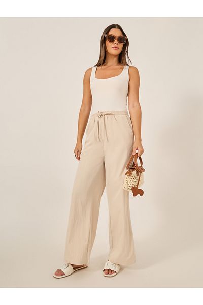 Styli Plain Drawstring Waist Wide Leg Pants