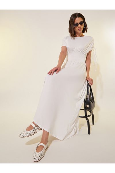 Styli Solid Ruched Sleeves A-Line Maxi Dress with Smocked Waist