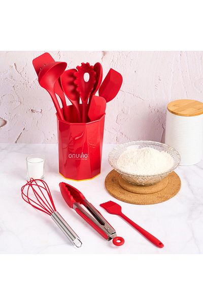 Onuvio ® 11 Piece Kitchen Utensil Set, Luxury Food Grade Silicone, Non-Stick, Heat Resistant - Red
