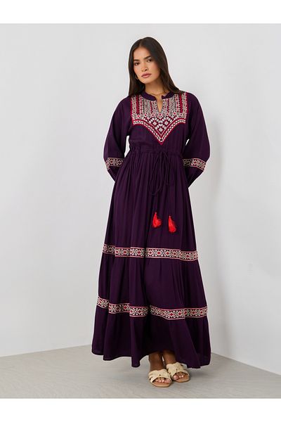 Maxim Creation By Styli Embroidered A-Line Jalabiya with Ruched Waist Detail