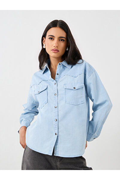 Styli Solid Dropped Shoulder Oversized Denim Shirt