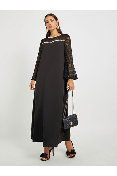 Keenly By Styli Embellished Lace Patchwork Long Sleeve A-Line Jalabiya