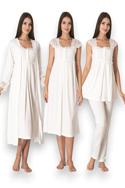 Lohussa Kadın Ekru Dantelli Pamuklu Hamile Lohusa Sabahlık Pijama Takımı Gece...