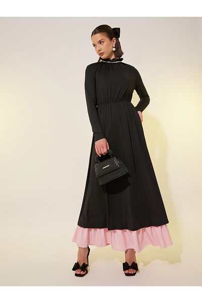 Styli Faux Pearl Trim Contrast Layered Hem A-Line Maxi Dress