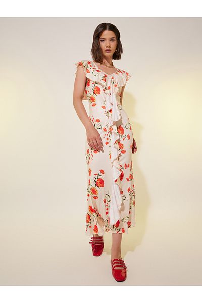 Styli All-Over Floral Print Ruffled Detail Bodycon Midi Dress