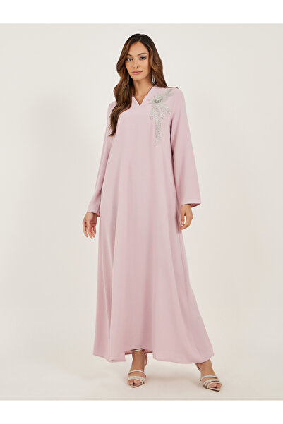 Styli Lace Detail V Neck Wrap Look Jalabiya