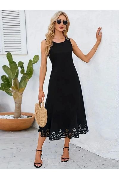 Modayakamoz Mra Fashion Women's Sleeveless Hem Laser Cut Flower Pattern Midi Length Janjan Crepe Dress