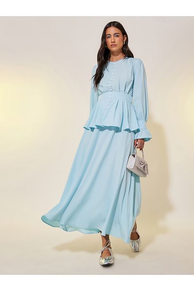 Styli Pearl Button Ruffled Details Maxi Dress