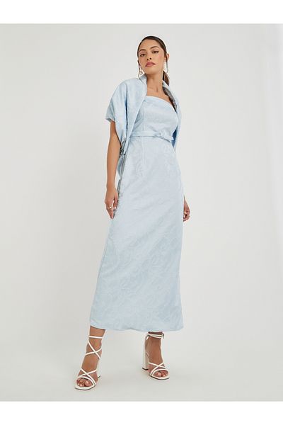 Styli Jacquard Bardot Neck Sheath Maxi Dress with Cape Overlay