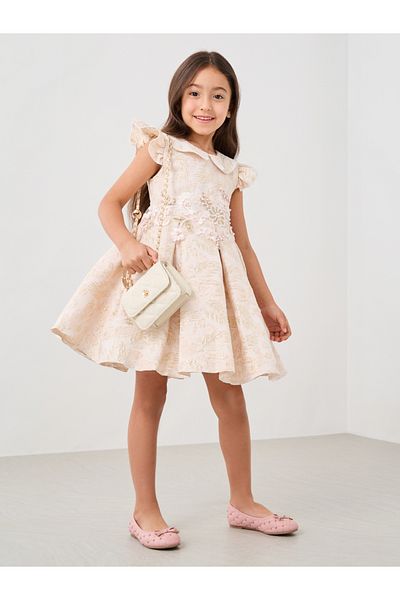Styli Jaquard Lace Detail Embellished Pleated Dress