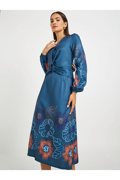Styli Floral Print Balloon Sleeves A-Line Midi Dress