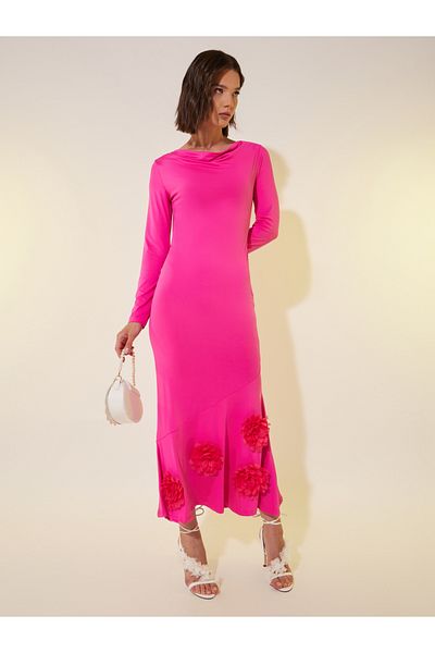 Styli Solid Long Sleeves A-Line Midi Dress with Corsage Detail