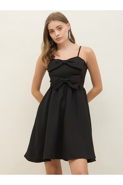 Styli Plain Strappy A-Line Mini Dress with Bow Detail