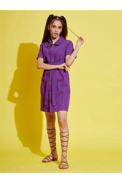 NOH-VOH By Styli Denim Collared Shirt Dress with Tie Up Belt