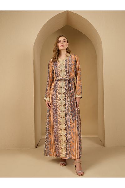 Styli Paisley Print Lace Trim Jalabiya with Fabric Belt
