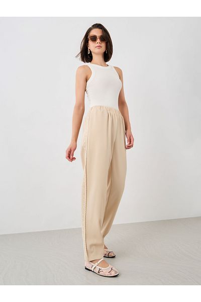 Styli Beige Side Lace Detail Wide Leg Pants