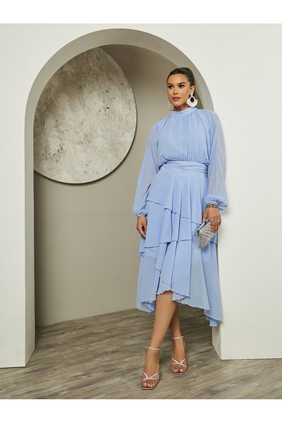 Styli Women Elegant Plain Long Sleeves A-Line Maxi Dress