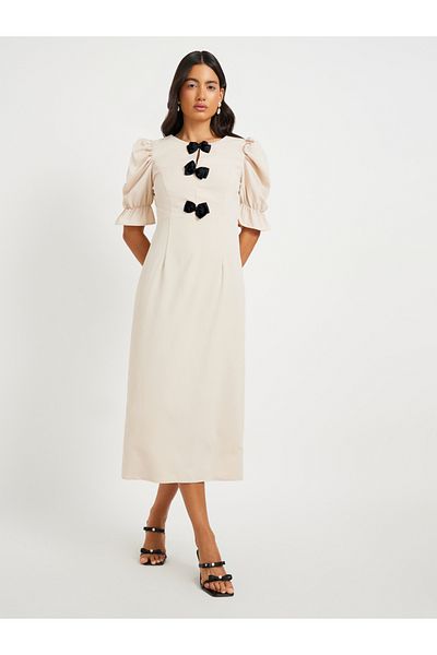 Styli Texture Puff Sleeves Bow Detail Midi Dress