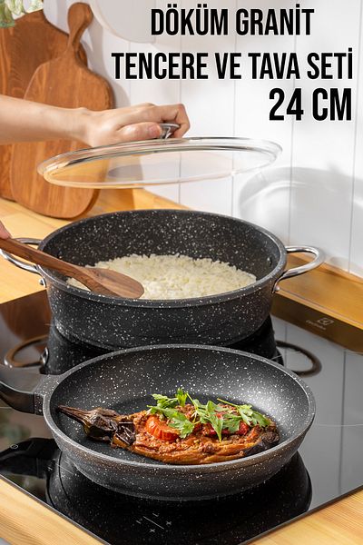 FİTHOME Pot and Pan Set Granite Cast Rice Pot and Cast Pan Set