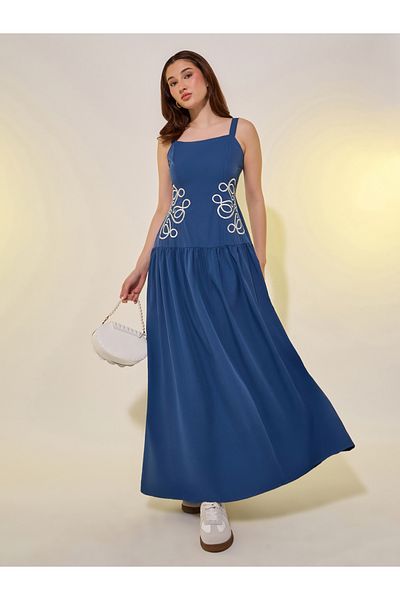 Styli Embroidered Strappy A-Line Maxi Dress