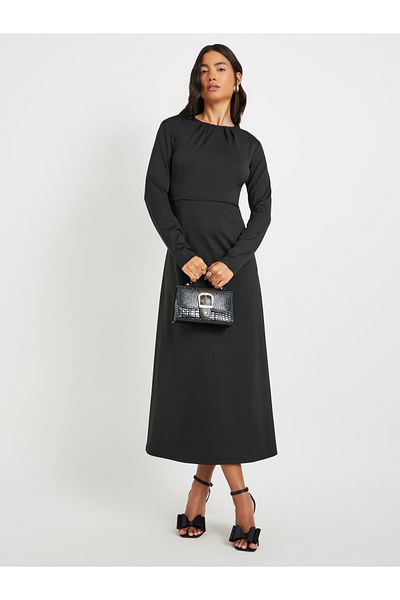 Styli Solid Long Sleeve A-Line Midi Dress with Waist Chain Detail