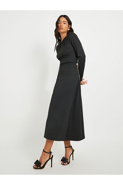 Styli Solid Long Sleeve A-Line Midi Dress with Waist Chain Detail