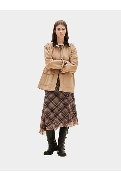 DeFacto Brown Asymmetrical Checked Normal Waist Midi Skirt