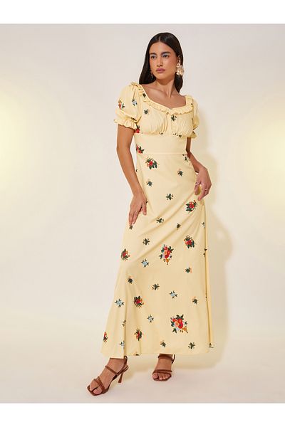 Styli Floral Print Ruffled Detail Puff Sleeve Maxi Dress