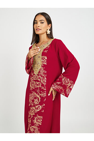 Keenly By Styli Embroidered Lace Detail Foil Print A-Line Jalabyia