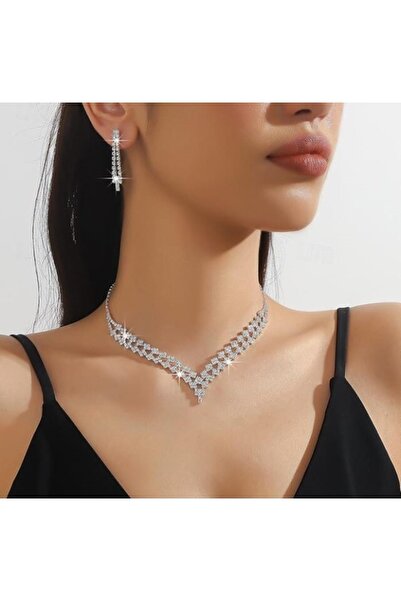 Ümaks Silvers Gümüş Kaplama Zirkon Taş Kolye Küpe Seti Düğün Seti Nişan Seti ...