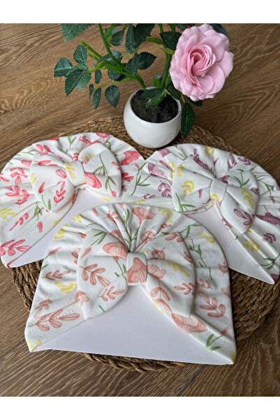 MASENKIDS BEBEK BONE & BANDANA ÇİFT KAT FİYONKLU ÇİÇEK DESENLİ 3'LÜ SET